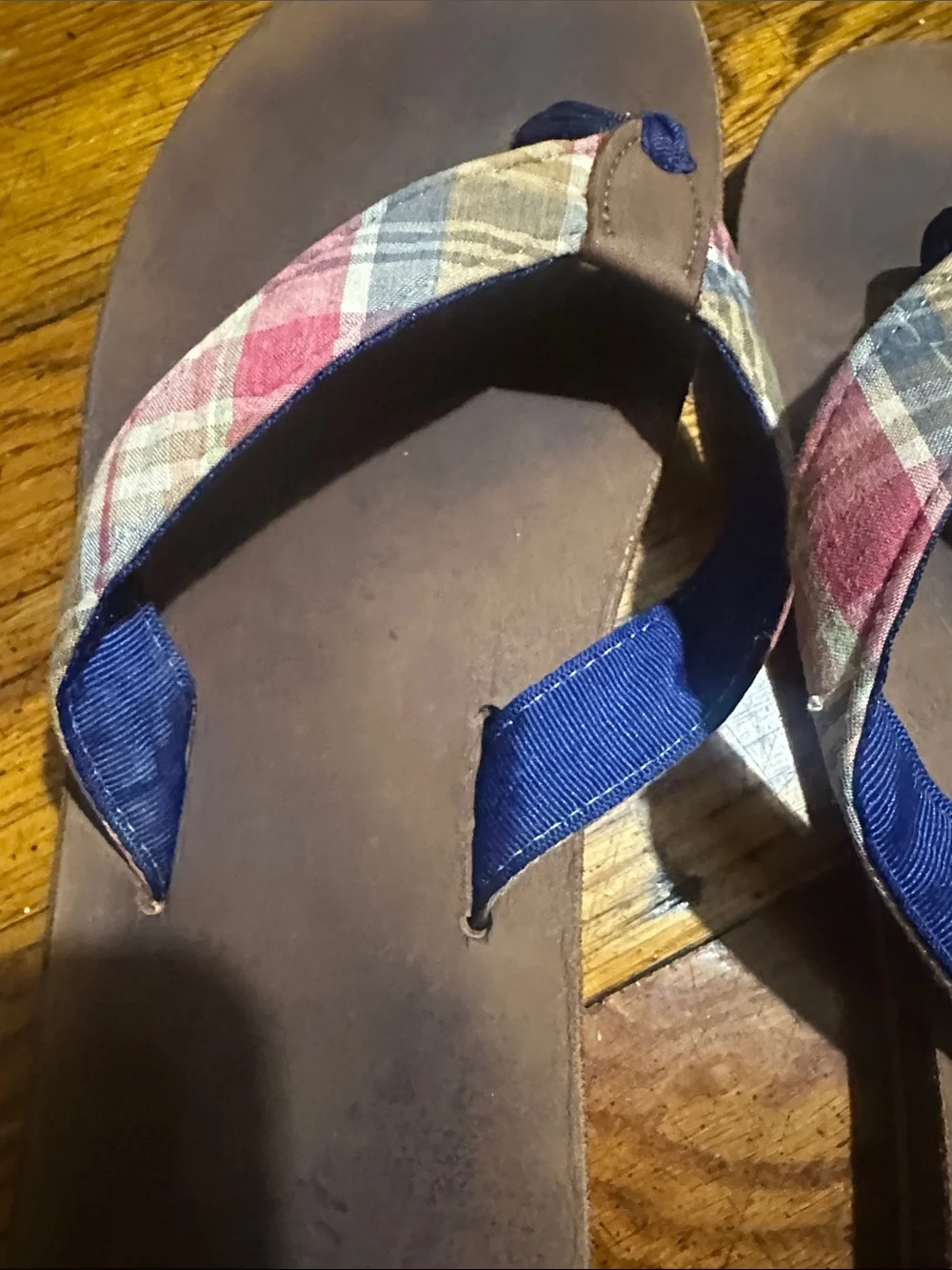 Brooks Brothers Brown Leather Flip Flops with Navy and Plaid Straps